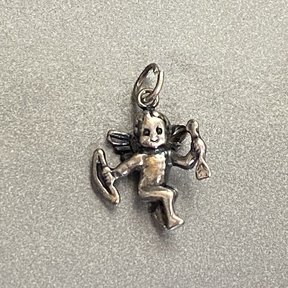 Vintage Sterling Silver Cupid Baby Wings Bow Arrow Charm Pendant Love Valentine